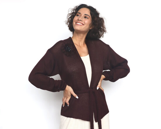 Knitted Wool Jacket: Rosewood Knit Cardigan with Flower Brooch, code IA26